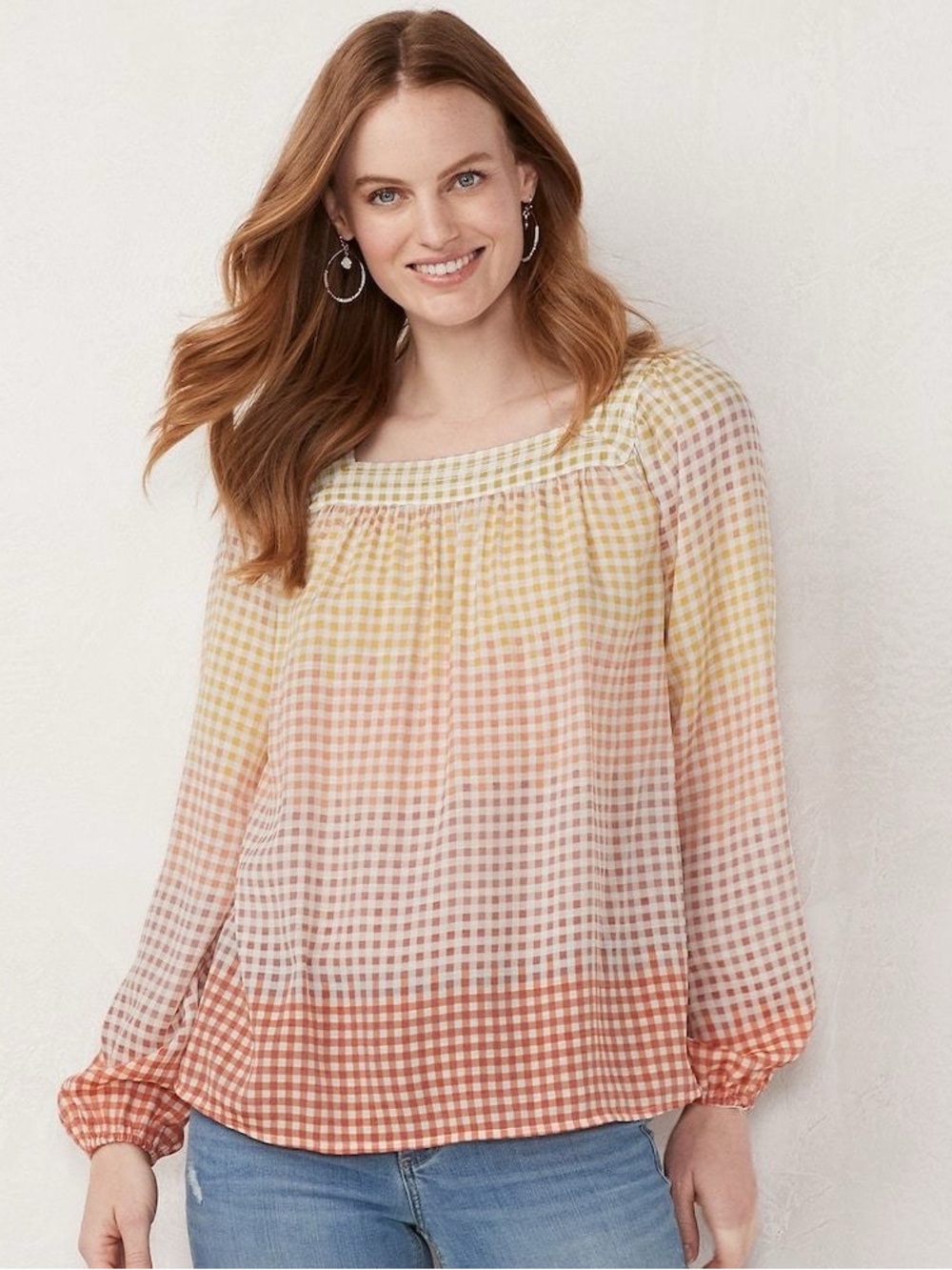 LC Lauren Conrad Ombre Gingham Peasant Blouse Cottagecore Petite PM